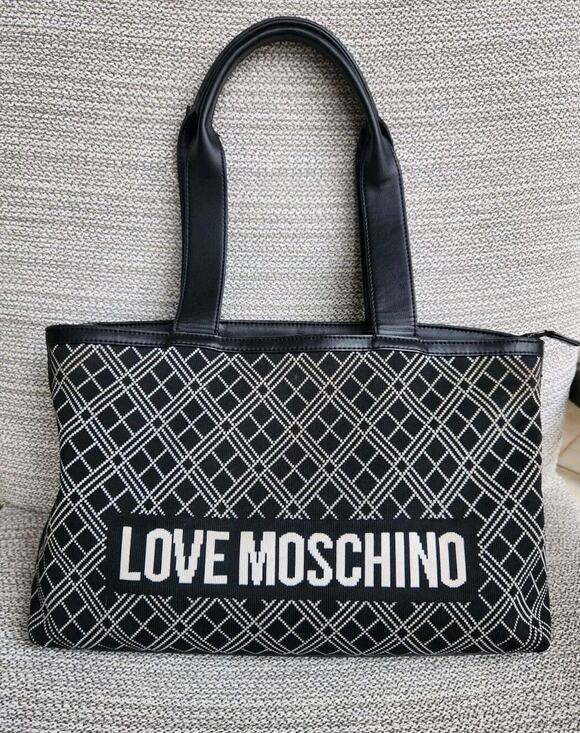 Love Moschino Handbags - Love Moschino Black & White Knit Geometric Knit Fabric PU Tote Handbag Pre-owned